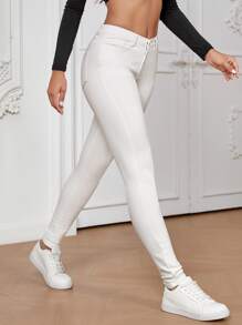 SHEIN Essnce Slant Pocket Skinny Jeans - White - View 6