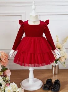 SHEIN 嬰兒荷葉邊方領層疊下擺絲絨連衣裙 - 酒紅色 - 查看 1