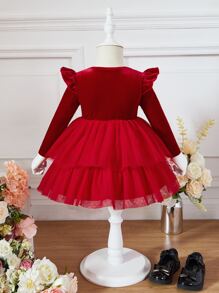 SHEIN 嬰兒荷葉邊方領層疊下擺絲絨連衣裙 - 酒紅色 - 查看 2