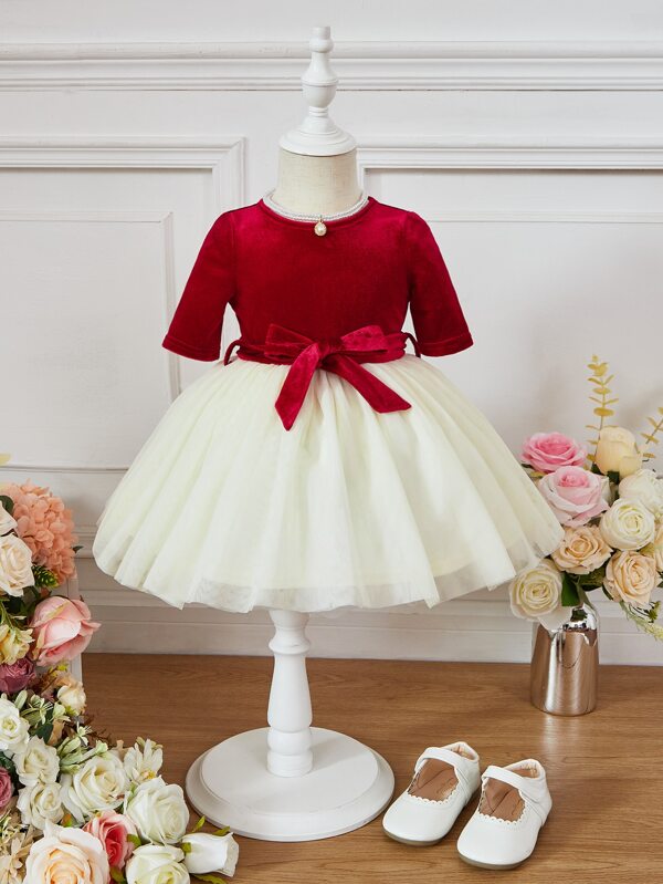 SHEIN Baby Two Tone Mesh Hem Belted Velvet Dress SHEIN USA