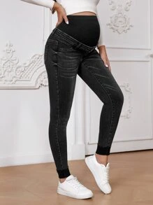 SHEIN Maternity Wideband Waist Roll Up Hem Skinny Jeans - Black - View 1