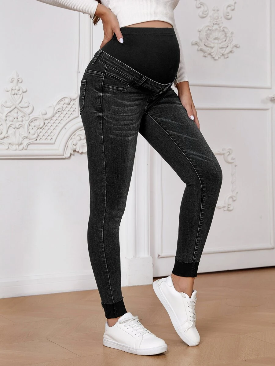 SHEIN Maternity Wideband Waist Roll Up Hem Skinny Jeans - Black - View 1