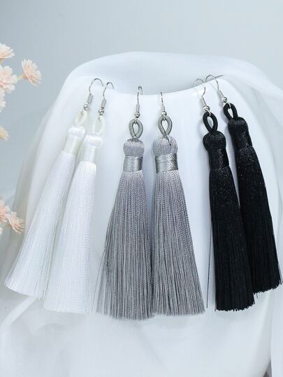 TopHanqi 3pairs/Set Bohemian Vacation Style Black & White & Gray Plain Tassel Combination Earrings For Women To Wear On Daily Life, Work, Travel, Street Snap, Show Performance, Etc.
