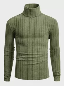Manfinity VCAY Men's Casual Plain Ribbed Turtleneck Sweatshirt, Autumn - Army Green - View 1
