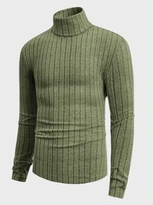 Manfinity VCAY Men's Casual Plain Ribbed Turtleneck Sweatshirt, Autumn - Army Green - View 5