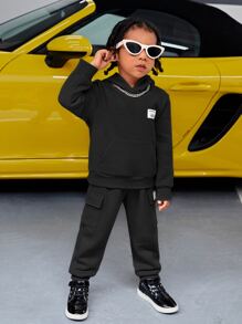 SHEIN Young Boy Letter Patched Kangaroo Pocket Thermal Hoodie & Sweatpants - Black - View 3