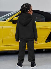 SHEIN Young Boy Letter Patched Kangaroo Pocket Thermal Hoodie & Sweatpants - Black - View 5