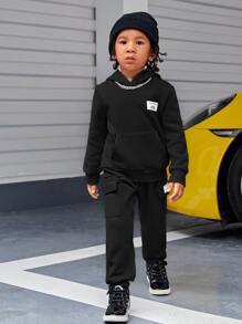 SHEIN Young Boy Letter Patched Kangaroo Pocket Thermal Hoodie & Sweatpants - Black - View 6