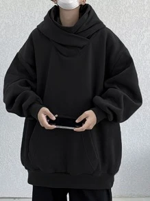 Manfinity Men's Solid Color Kangaroo Pocket Drop Shoulder Oversized Hoodie For Autumn And Winter - Black - View 1
