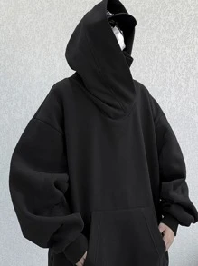 Manfinity Men's Solid Color Kangaroo Pocket Drop Shoulder Oversized Hoodie For Autumn And Winter - Black - View 6