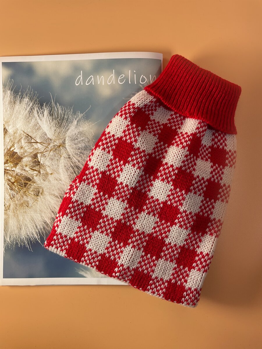 格紋圖案寵物毛衣 - 紅色 - 查看 1