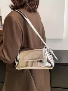 極簡風格金屬質感翻蓋法棍包 - 銀色 - 查看 2