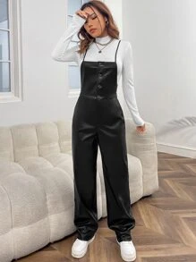 SHEIN EZwear Solid PU Leather Cami Jumpsuit Without Tee - Black - View 1