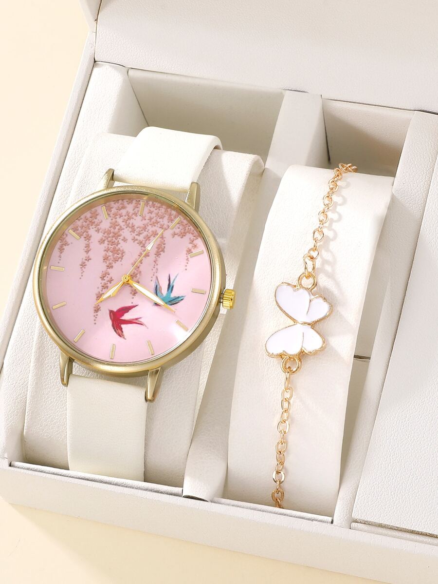 1 pieza con diseño de mariposa Reloj cuarzo & 1 pieza Pulsera - Blanco - Ver 1