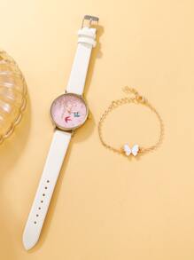 1 pieza con diseño de mariposa Reloj cuarzo & 1 pieza Pulsera - Blanco - Ver 4