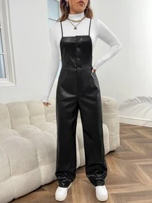 SHEIN EZwear Solid PU Leather Cami Jumpsuit Without Tee - Black - View 4