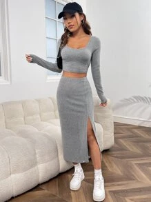 SHEIN EZwear 大圓領短款T恤和高衩半身裙