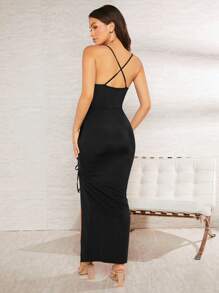 SHEIN Belle Vestido de espalda abierta con tira cruzada con cordón delantero de muslo con abertura - Negro - Ver 2