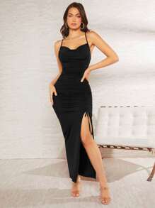 SHEIN Belle Vestido de espalda abierta con tira cruzada con cordón delantero de muslo con abertura - Negro - Ver 3