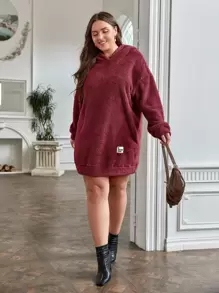 SHEIN EZwear Plus Drop Shoulder Letter Patched Hooded Teddy Sweatshirt Dress - Burgundy - View 1