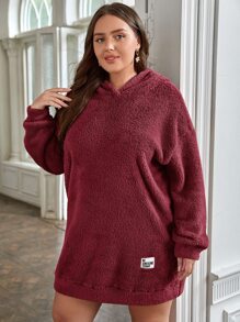 SHEIN EZwear Plus Drop Shoulder Letter Patched Hooded Teddy Sweatshirt Dress - Burgundy - View 3
