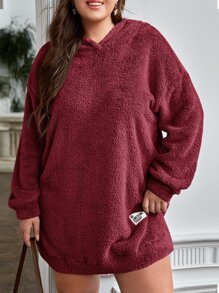SHEIN EZwear Plus Drop Shoulder Letter Patched Hooded Teddy Sweatshirt Dress - Burgundy - View 4