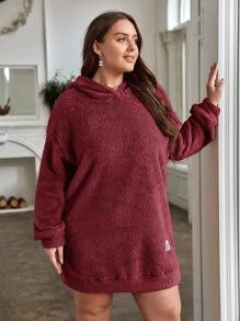 SHEIN EZwear Plus Drop Shoulder Letter Patched Hooded Teddy Sweatshirt Dress - Burgundy - View 5