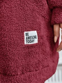 SHEIN EZwear Plus Drop Shoulder Letter Patched Hooded Teddy Sweatshirt Dress - Burgundy - View 6