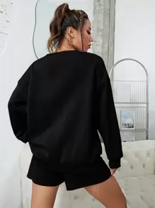 INAWLY Letter Graphic Drop Shoulder Sweatshirt & Track Shorts Fall Cloth For Women - Black - View 2