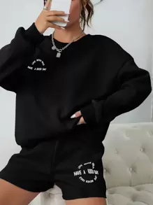 INAWLY Bộ đồ hai mảnh nữ Slogan Giải trí - màu đen - Xem 4