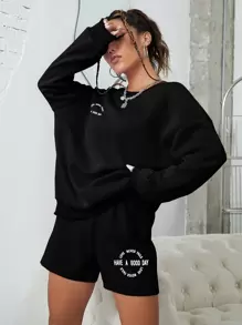 INAWLY Bộ đồ hai mảnh nữ Slogan Giải trí - màu đen - Xem 5