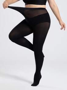 大碼極簡風格素色褲襪 - 黑色 - 查看 2