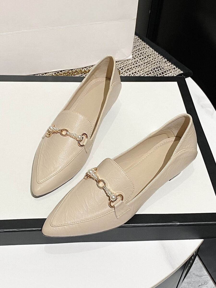 Faux Pearl Decor Point Toe Flat Loafers - Apricot - View 1