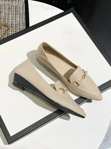 Faux Pearl Decor Point Toe Flat Loafers - Apricot - View 4