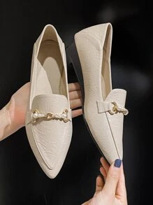 Faux Pearl Decor Point Toe Flat Loafers - Apricot - View 5