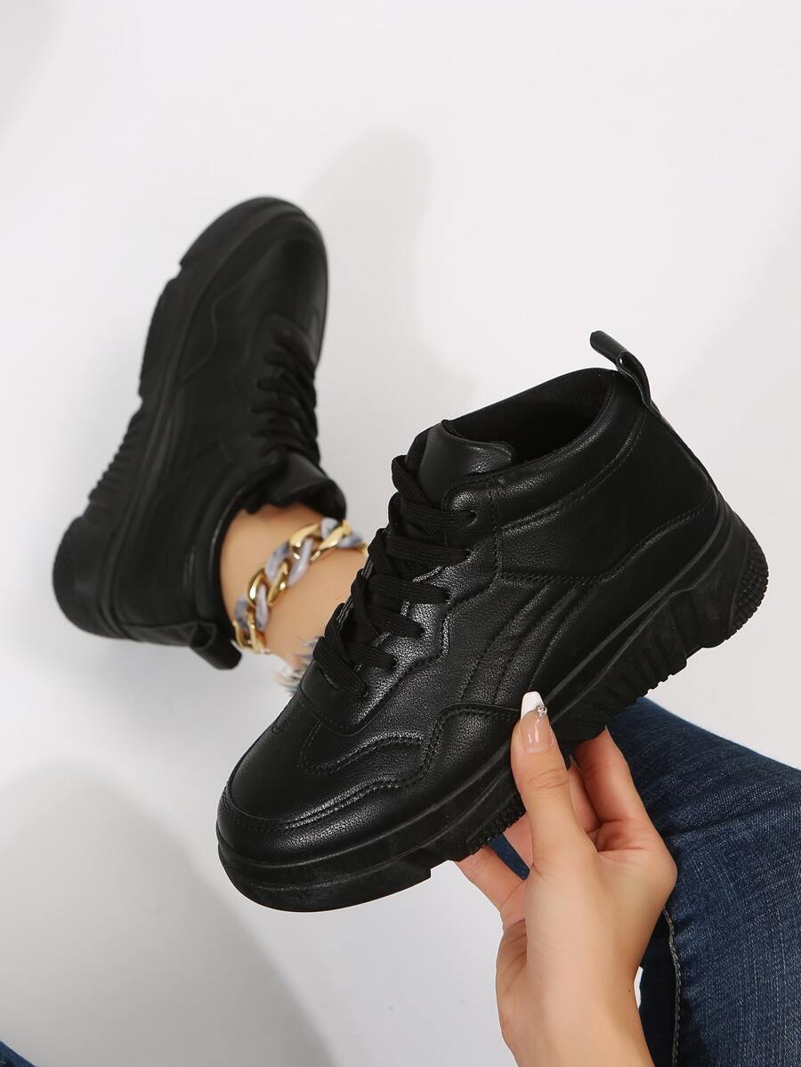 High Top Lace-up Front Skate Shoes - Black - View 1