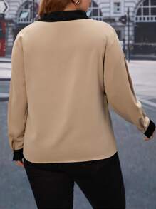 SHEIN Clasi Plus Colorblock Contrast Collar Blouse - Khaki - View 2