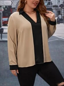 SHEIN Clasi Plus Colorblock Contrast Collar Blouse - Khaki - View 4