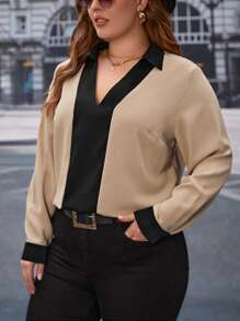 SHEIN Clasi Plus Colorblock Contrast Collar Blouse - Khaki - View 5