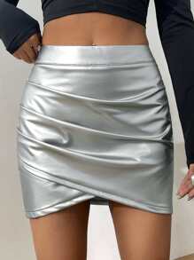 SHEIN ICON Falda ajustada de color metálico fruncido bajo tulipán - Plateado - Ver 1