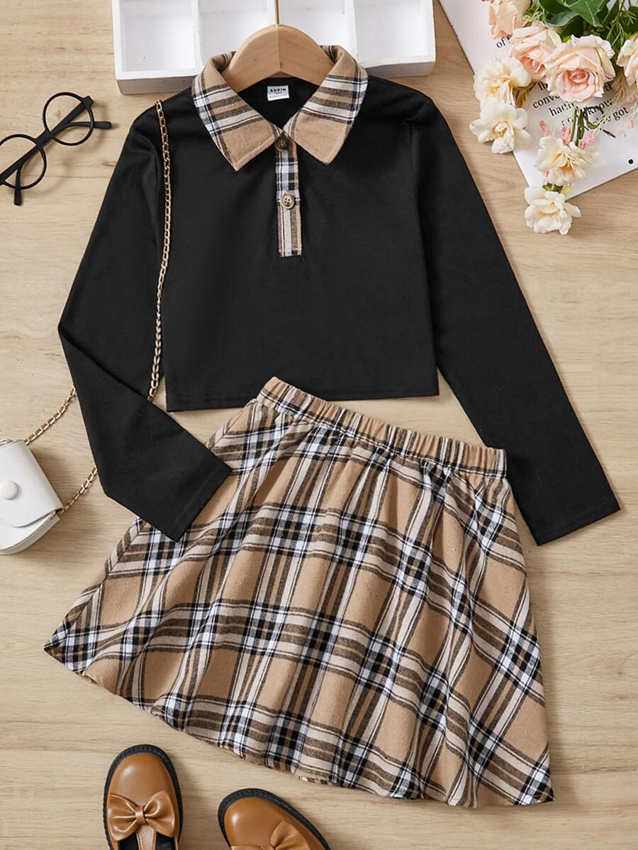 SHEIN Chicas Falda con camiseta de cuadros de cuello polo - Multicolor - Ver 1
