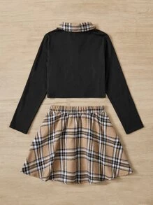 SHEIN Chicas Falda con camiseta de cuadros de cuello polo - Multicolor - Ver 2