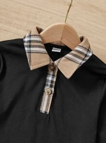 SHEIN Chicas Falda con camiseta de cuadros de cuello polo - Multicolor - Ver 3