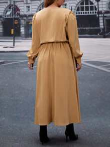 SHEIN Privé Plus Draped Collar Lantern Sleeve Dress - Camel - View 2