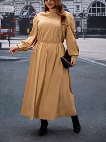SHEIN Privé Plus Draped Collar Lantern Sleeve Dress - Camel - View 3