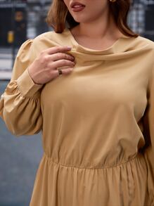 SHEIN Privé Plus Draped Collar Lantern Sleeve Dress - Camel - View 4