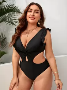 SHEIN Swim Curve Plus Cut-out Ruffle Trim Ruched One Piece Swimsuit - Black - View 3