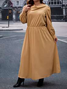 SHEIN Privé Plus Draped Collar Lantern Sleeve Dress - Camel - View 5