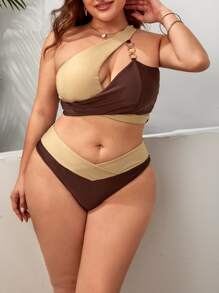Plus Size Màu Khối Vòng Liên Kết Một Vai Bộ Bikini Đi Biển Mùa Hè - Nhiều màu - Xem 3
