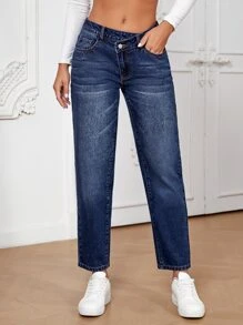 SHEIN Essnce 階梯式腰牛仔褲 - 深色水洗藍 - 查看 1